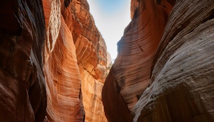 좁은 협곡 틈새로 낮 태양빛이 수직으로 비춰 황금빛 기둥을 형성