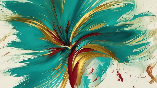 A stunning abstract digital painting designed for commercial use, featuring an elegant interplay of vibrant colors such as teal, gold, and deep crimson. The composition showcases smooth gradients, bol