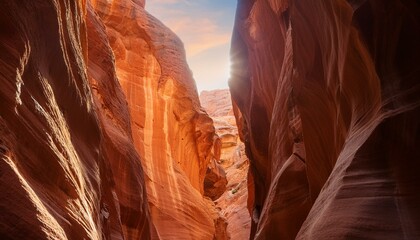 좁은 협곡 틈새로 낮 태양빛이 수직으로 비춰 황금빛 기둥을 형성