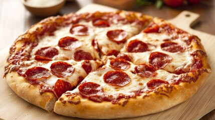 Delicious pepperoni pizza placed on a wooden board ready to be served in a cozy kitchen setting