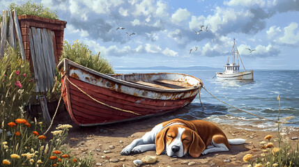 Charming beagle napping by vintage fishing boat on serene shoreline: capturing peaceful seaside moments with adorable dog and rustic nautical scene. Dream Haven. Illustration