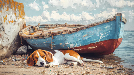 Charming beagle napping by vintage fishing boat on serene shoreline: capturing peaceful seaside moments with adorable dog and rustic nautical scene. Dream Haven. Illustration