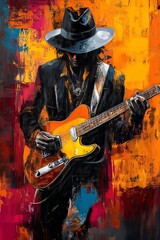 Obraz premium Guitarist wearing hat playing electric guitar during jazz appreciation month