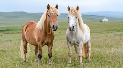 Fototapeta premium Icelandic horses in pasture, hilly landscape background, rural scene, ideal for travel brochures