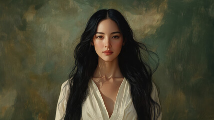 Fototapeta premium a portrait of a woman with long glossy black hair cascading down, wearing a simple ivory outfit, gentle expression