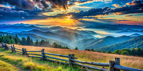 Fototapeta premium Golden sunrise illuminates the valleys and peaks of the Appalachian Mountains, casting rays through scattered clouds and highlighting a wooden fence in the foreground