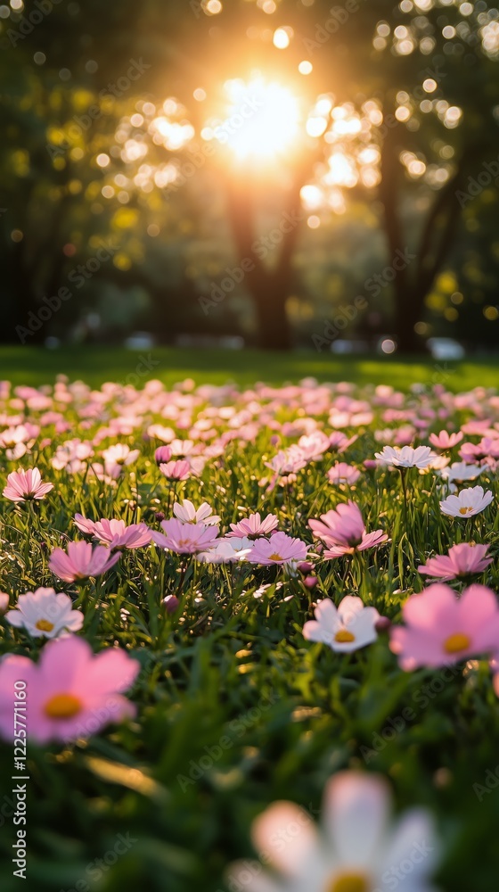 Wall mural Beautiful flowers blooming in a serene park at sunset near trees and grass