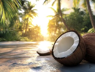 Coconut slices on tropical background