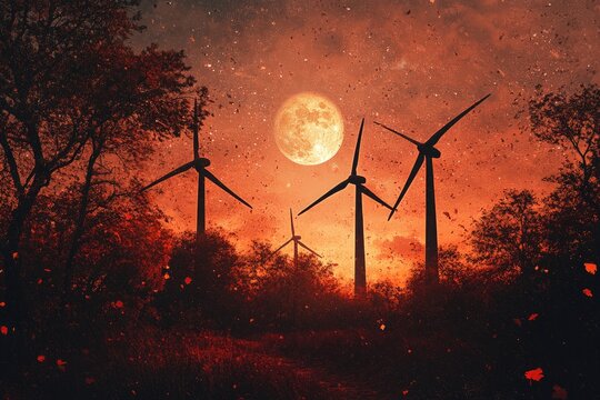 Silhouetted wind turbines stand tall against a fiery autumn sunset, a large full moon illuminating the scene. - Powered by Adobe