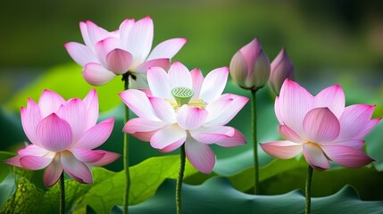 Obraz premium Pink lotus blossoms or water lily flowers blooming on pond
