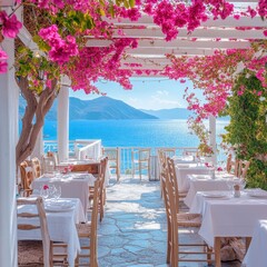 Restaurant on the sea coast in Greece, Santorini