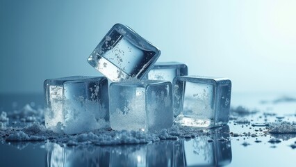Fresh ice cubes stacked on a reflective surface with frost and water droplets	
