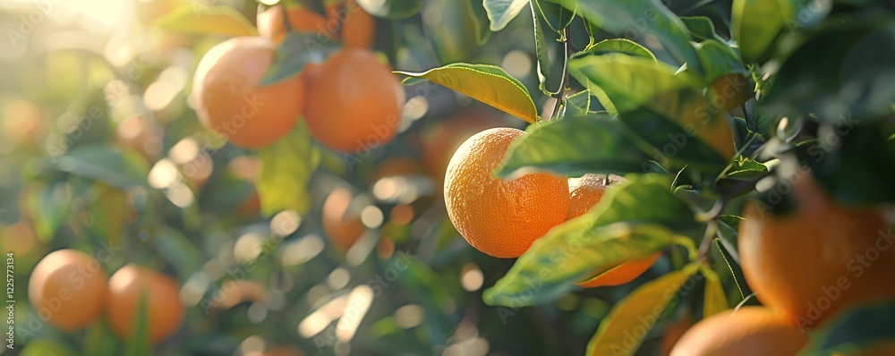 Poster sunlit oranges growing on a tree in a lush orchard
