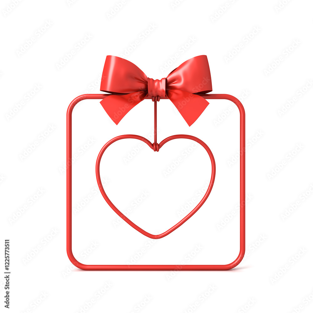 Poster Red love like gift box frame display mockup showcase or present frame border stand with hanging red love heart sign isolated on white background with shadow minimal creative idea concepts 3D rendering