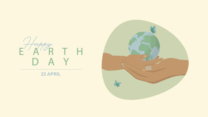 Happy Earth Day Banner. Earth Day. World earth day. Child Hand and adult hand holding planet Earth. Flat style. Graphic and web design business presentation, marketing and print. Vector illustration