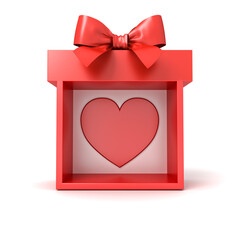Blank red gift box display mockup with love like heart or red present box tied with red ribbon bow and heart isolated on white background with shadow minimal valentines day conceptual 3D rendering
