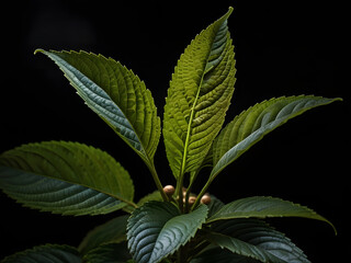 Kratom plant in close, black background, study light, high contrast