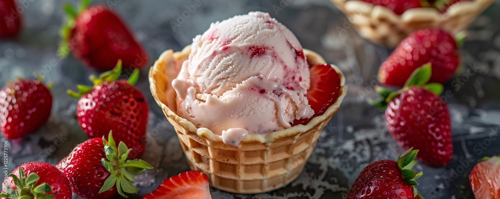Poster waffle bowl is holding pink strawberry ice cream and a fresh strawberry on a table with more strawbe
