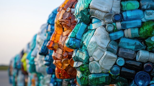 Global recycling day with sustainability and resources idea. Sculpture made from recycled plastic bottles depicting faces