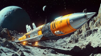 Obraz premium A futuristic cargo spaceship unloading supplies at a lunar colony