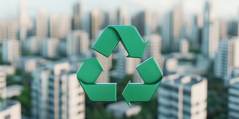 Global recycling day with sustainability and resources idea. Recycling symbol over a cityscape background.