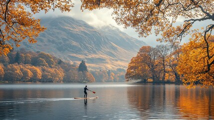 Man paddleboarding autumn lake, mountain backdrop