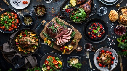 Festive christmas dinner table setting presenting a variety of roasted meat dishes with side salads and wine