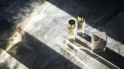 Perfume bottles on polished marble, light rays creating reflections. A few drops escape from one bottle, enhancing the luxurious, artistic atmosphere with shimmering highlights and elegance.