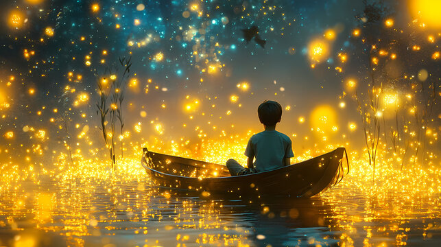 Gorgious a boy is sitting in a boat on the water dream scenery art among wonderful golden fireflies. Dream Haven. Illustration