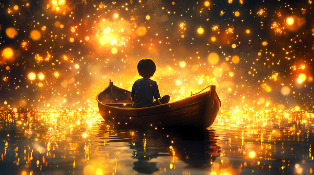 Gorgious a boy is sitting in a boat on the water dream scenery art among wonderful golden fireflies. Dream Haven. Illustration