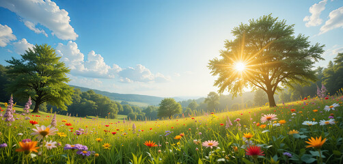 Naklejka premium A beautiful meadow filled with colorful wildflowers and lush greenery, bathed in the warm light of the morning sun. The serene landscape features gentle hills and a clear blue sky