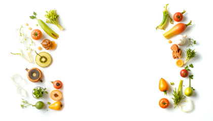 Fototapeta premium Healthy clean eating layout, vegetarian food and diet nutrition concept. Various fresh vegetables ingredients for salad on white table background, top view, frame, banner