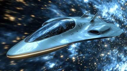 A futuristic spaceship fueled by dark matter, cruising through a cluster of distant stars