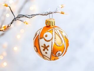 Elegant Gold and White Christmas Ornament Hanging on Snowy Branch with Lights