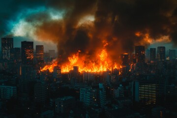 Obraz premium A fierce blaze engulfs buildings in an urban setting during the night, casting a haunting glow of orange flames against the dark city skyline. Smoke billows ominously overhead