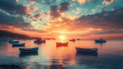 Serene sunset over a quiet harbor with boats gently swaying on calm waters coastal location photography peaceful environment captivating view. Dream Haven. Illustration
