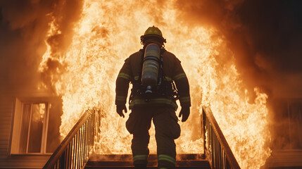 Fototapeta premium A firefighter bravely confronts a raging inferno engulfing a building, their silhouette stark against the intense flames. The scene is filled with smoke and fire, highlighting the danger and courage 