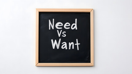 A small chalkboard displays the words 'Need vs Want', prompting reflection on consumer choices and prioritization.