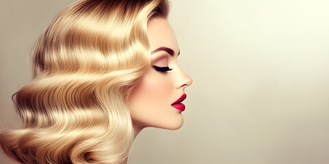 Elegant Woman with Blonde Wavy Hair and Red Lips Profile