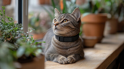 Grey tabby cat wearing a black collar, sits on a windowsill, looking out a window at plants.