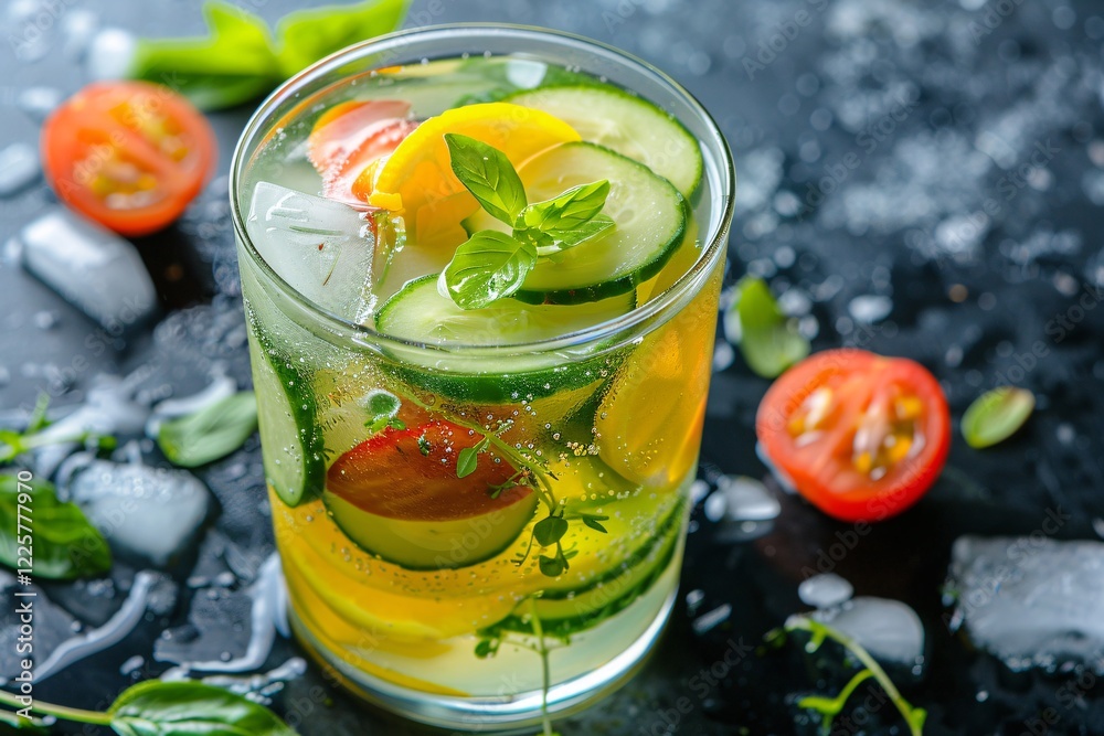 Poster refreshing summer cocktail with cucumber, ice cubes, tomatoes and basil in a glass on a dark backgro