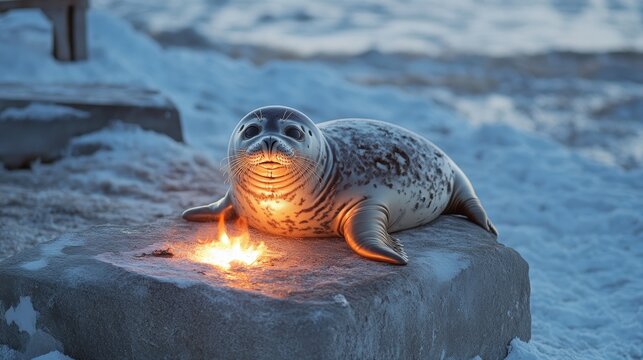 Lake Baikal The colony of the wild Baikal seal is heated on a stone