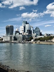  Panoramic view of the City of London district, with iconic skyscrapers and historic buildings....