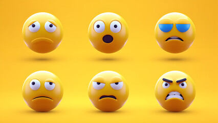 Fototapeta premium Pattern of Cute Yellow Emojis with Different Facial Expressions. Fun and Playful 3D Illustration.