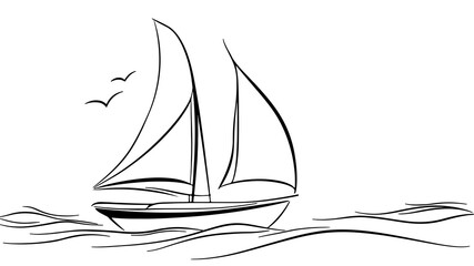 Sailboat ocean waves. Birds fly above. Travel poster nautical design. Minimalist line art vector illustration.