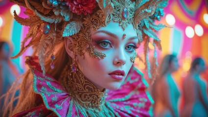 Obraz premium woman wearing a decorative golden mask with a rich, colorful costume at a vibrant, carnival-like event, highlighting her striking beauty and ornate details