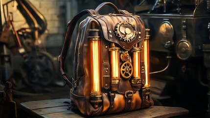 A steampunk backpack with glowing brass tubes, gears, and leather accents