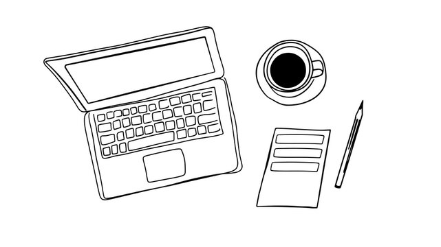 Laptop coffee notepad pencil. Coffee cup keyboard top view. Work productivity blog website design. Simple line art black and white sketch