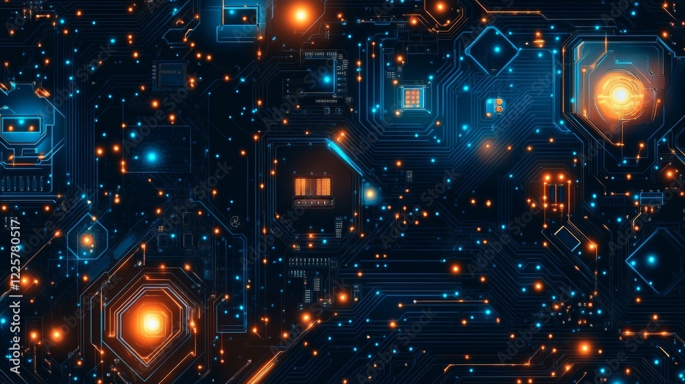 Poster brightly glowing ai chip on light circuit board on technology blue background. cpu processor or semi