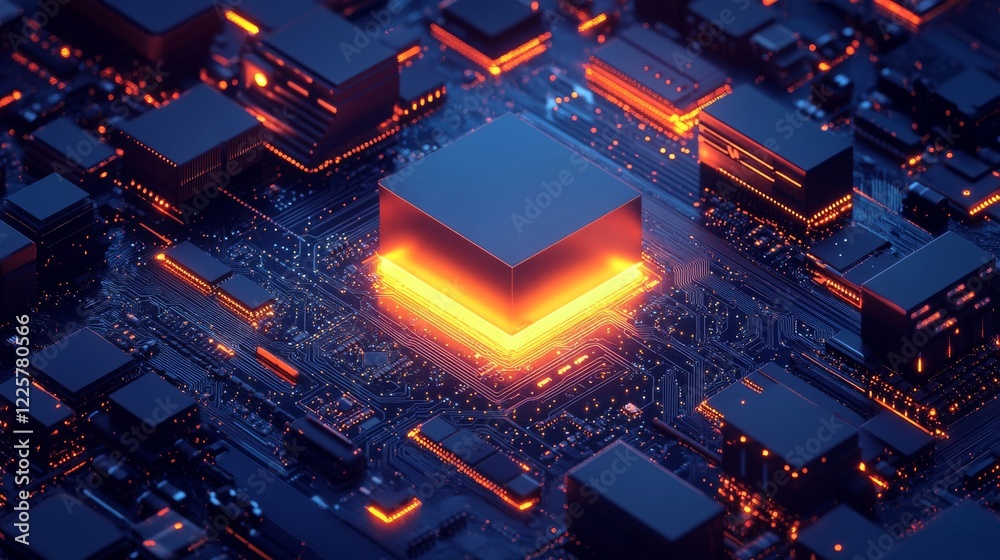Poster brightly glowing ai chip on light circuit board on technology blue background. cpu processor or semi